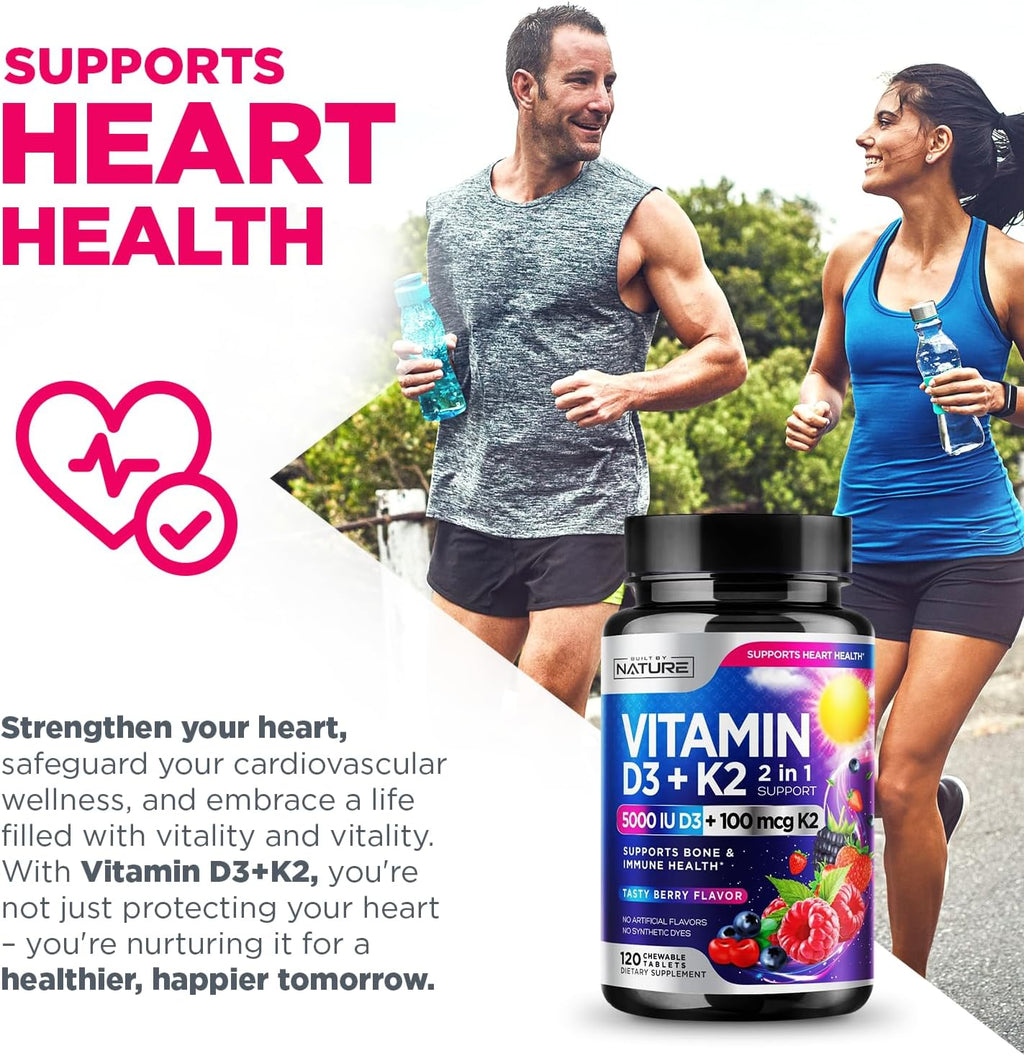 Vitamina D3 K2 Masticable, 5000 UI y K2 MK-7 100 mcg, 120 Comprimidos | Sabor a Bayas