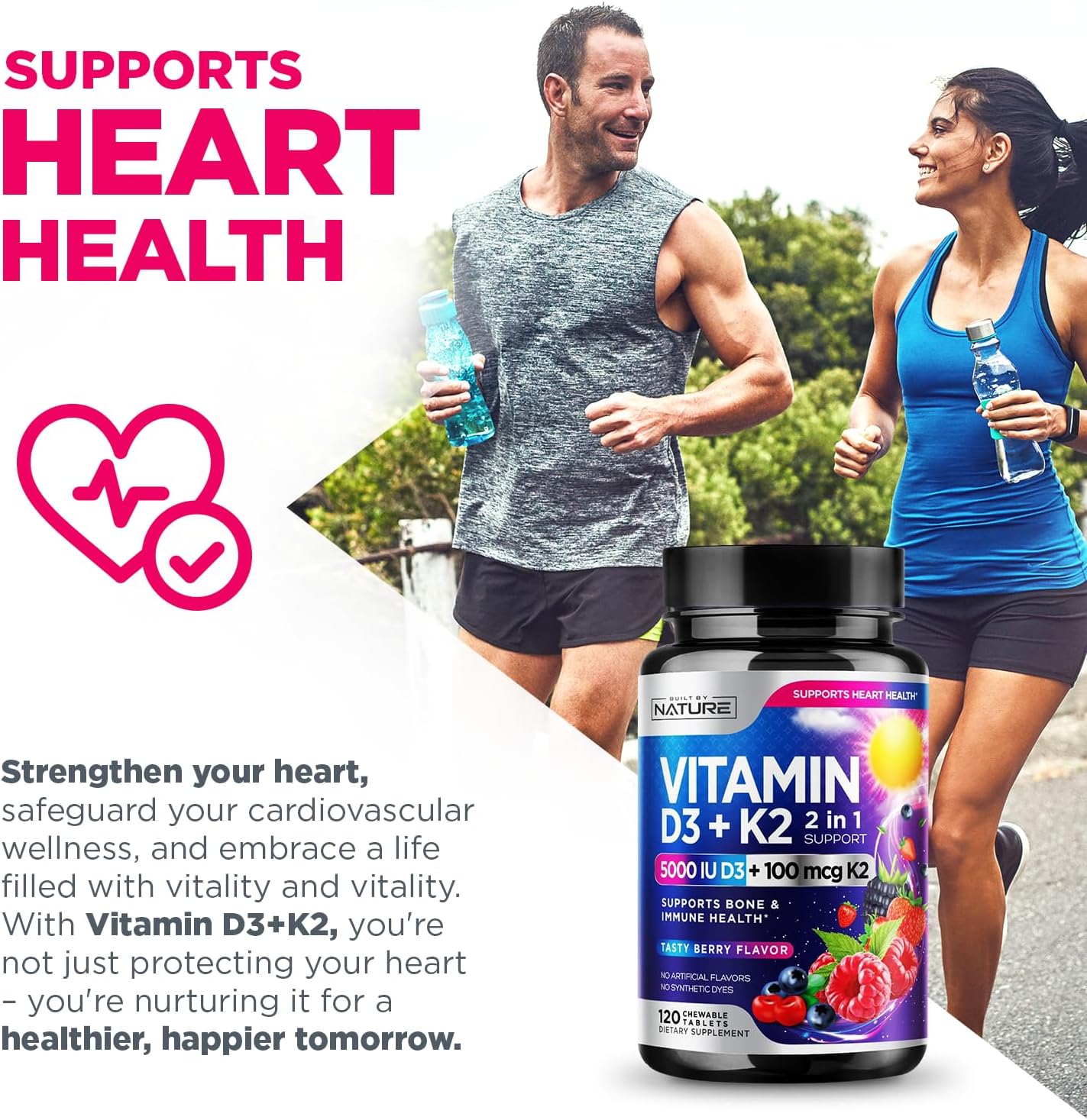 Vitamina D3 K2 Masticable, 5000 UI y K2 MK-7 100 mcg, 120 Comprimidos | Sabor a Bayas