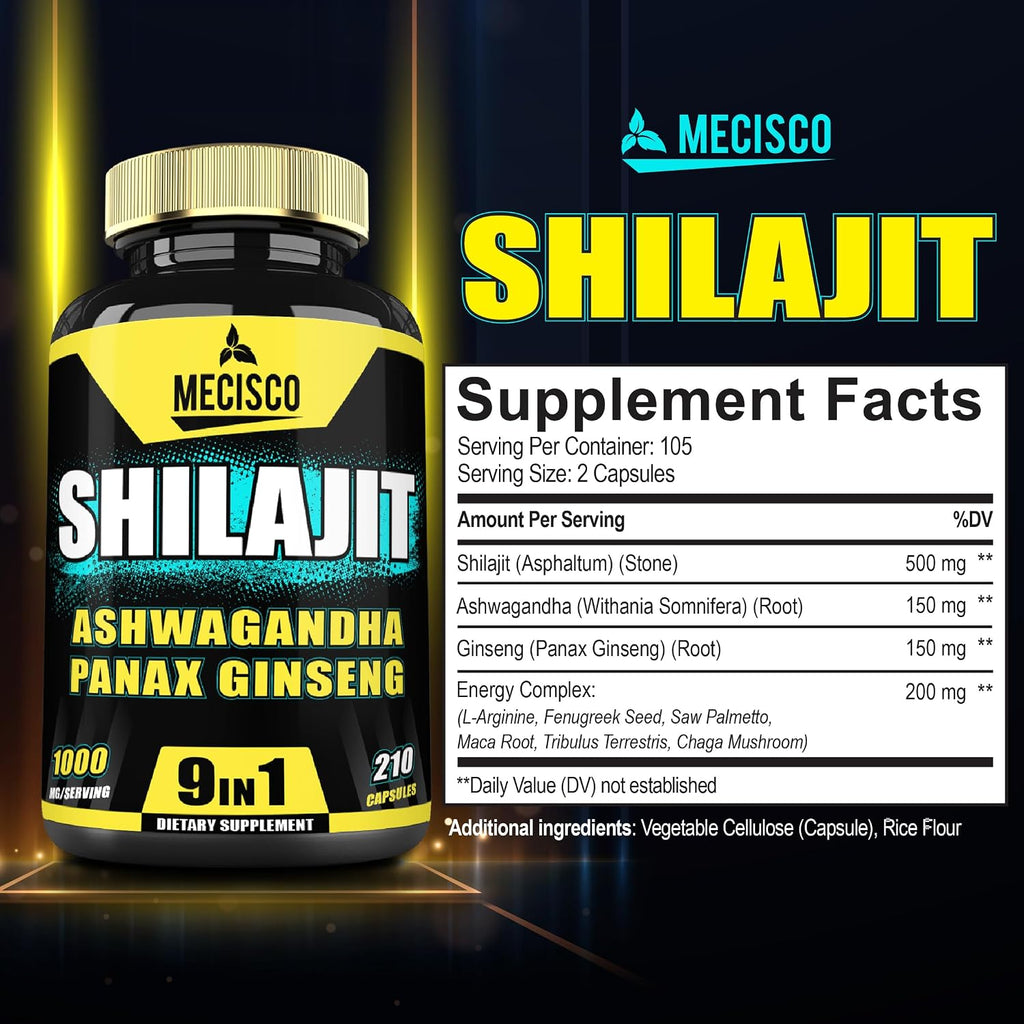 9in1 Shilajit Puro del Himalaya con Ashwagandha, Ginseng, L-Arginina y más - 210 Cápsulas