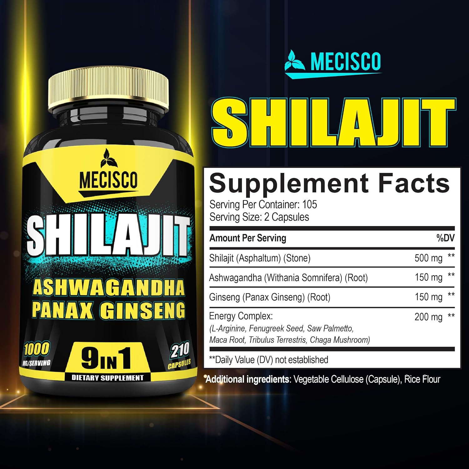 9in1 Shilajit Puro del Himalaya con Ashwagandha, Ginseng, L-Arginina y más - 210 Cápsulas