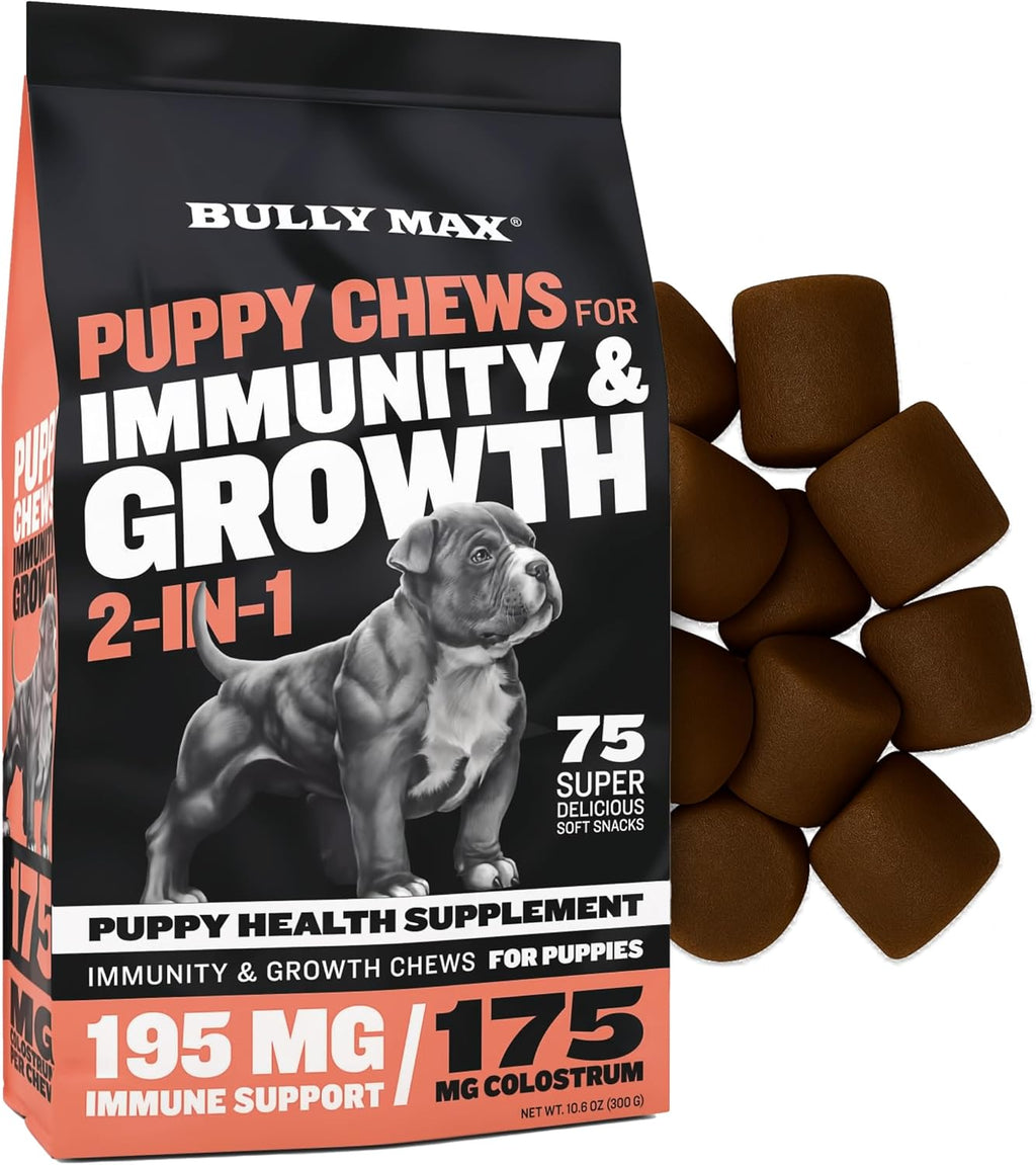 Bully Max 2-en-1 Vitaminas para Cachorros, 75 Masticables Suaves para Inmunidad y Crecimiento - Suplemento Multivitamínico para Perros con Probióticos y Calostro