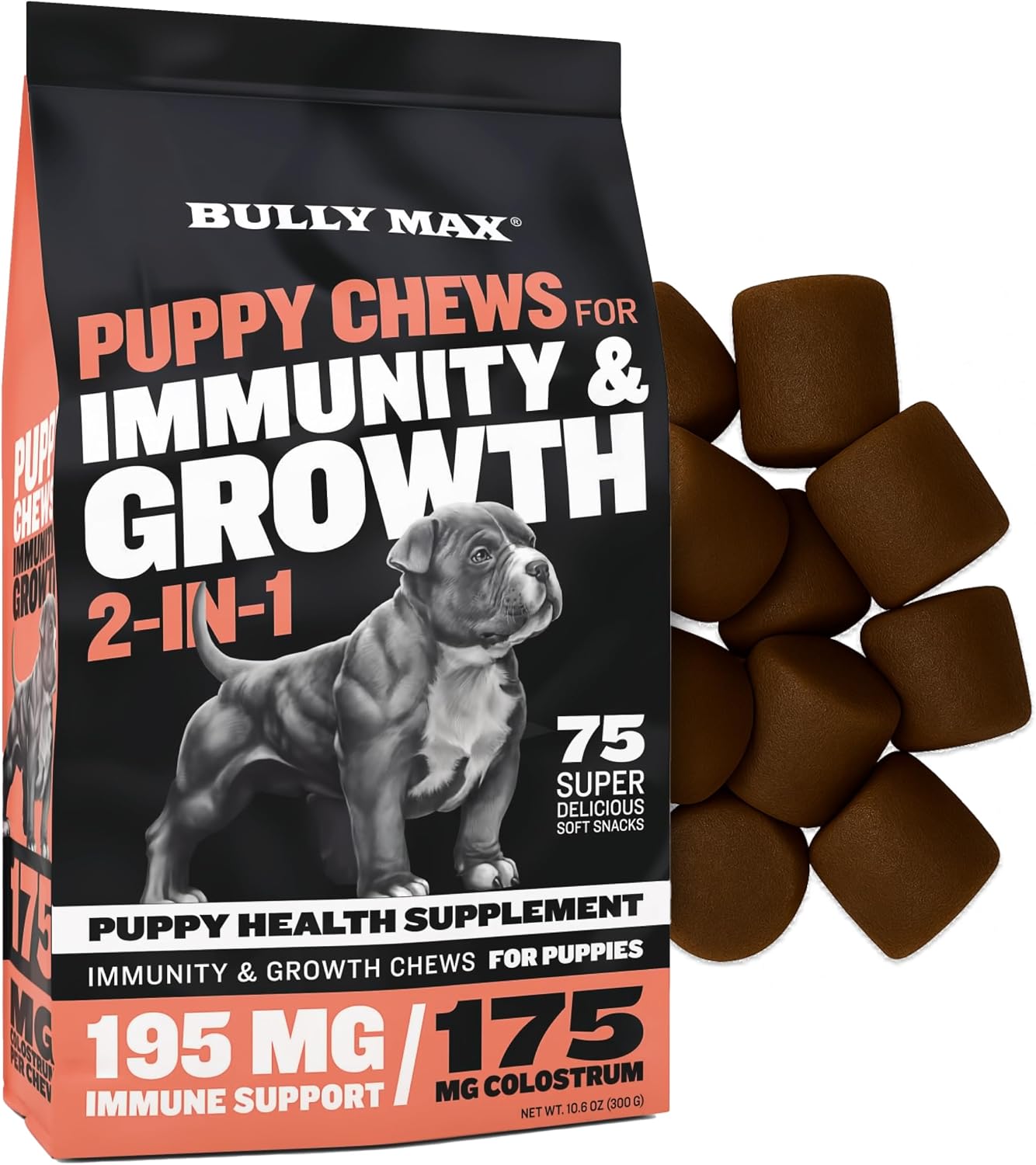 Bully Max 2-en-1 Vitaminas para Cachorros, 75 Masticables Suaves para Inmunidad y Crecimiento - Suplemento Multivitamínico para Perros con Probióticos y Calostro