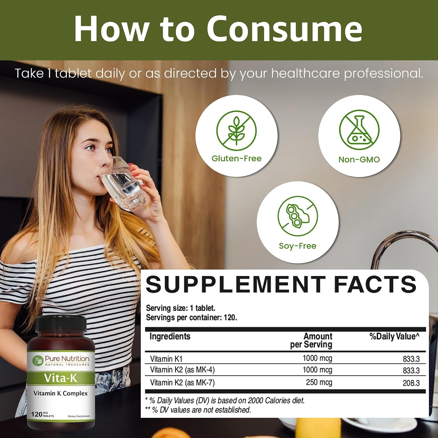 Pure Nutrition Vitamin K Complex K1 + K2 | 2250 mcg | 120 Comprimidos