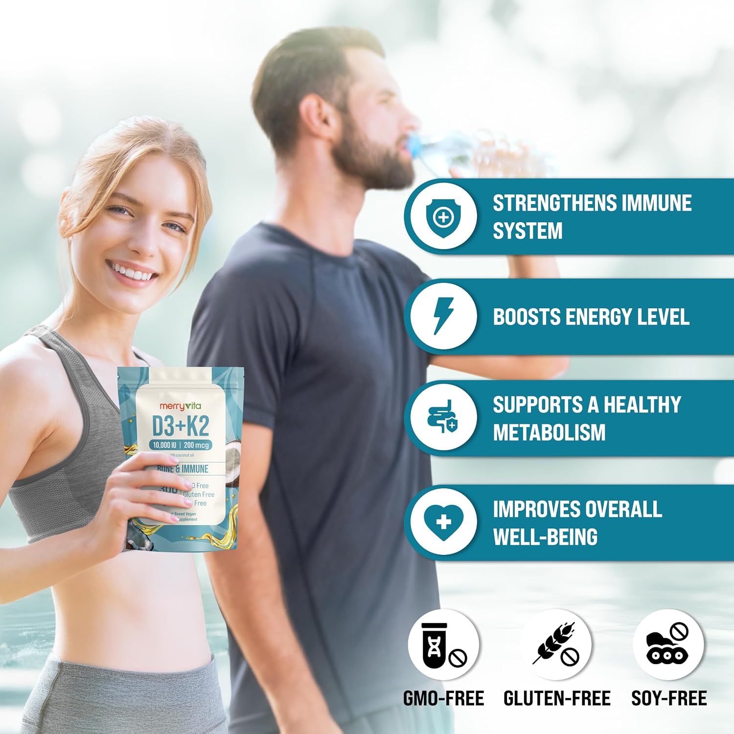 MERRY VITA Vitamina D3 K2 10000 UI + 200 mcg MK7 - 300 Cápsulas Blandas Veganas