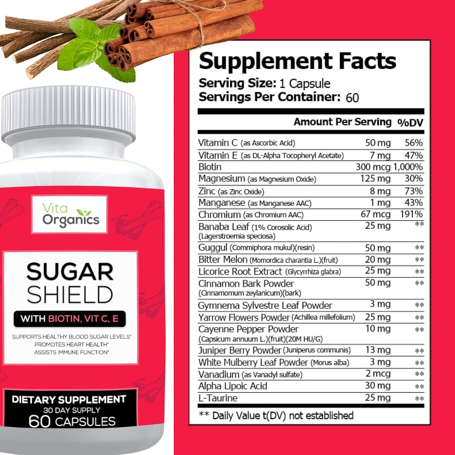 Sugar Shield - Suplemento Avanzado para el Soporte de Azúcar - Biotina, Óxido de Magnesio, Cromo - 60 Cápsulas Vegetales - 30 Días