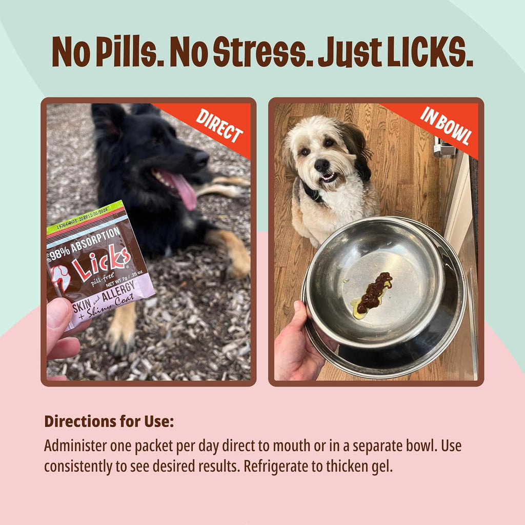 Licks Skin & Allergy Support - Gel de alergia para perros con Omega 3, cúrcuma y vitamina C - Soporte para la humedad de la piel y el pelaje - Sabor a pescado - 10 unidades