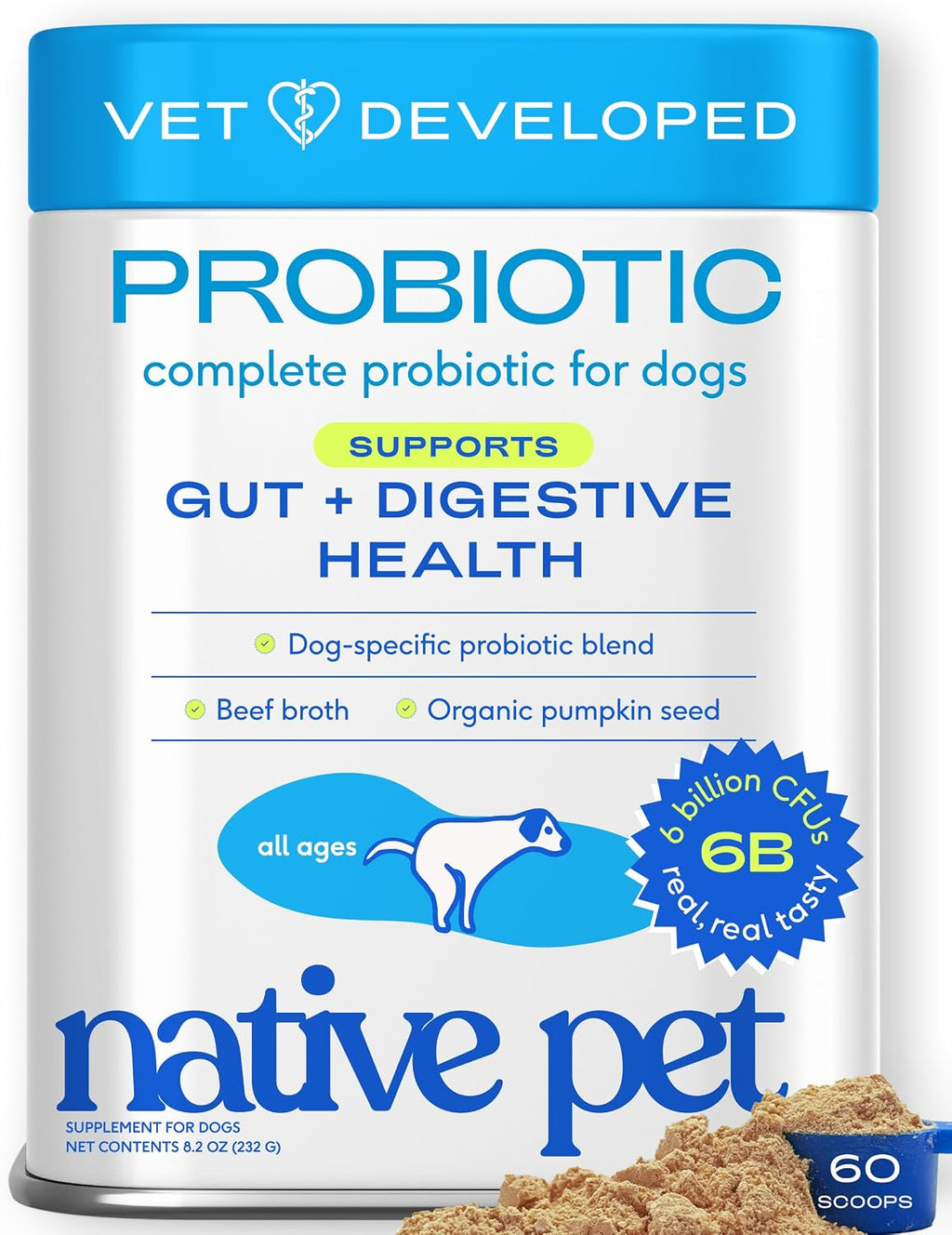Native Pet Probióticos para Perros – Polvo Digestivo con 6B UFC, 240 dosis