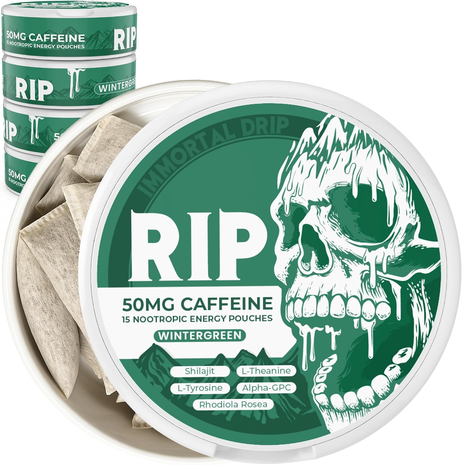 Immortal Drip RIP Bolsitas Nootrópicas de Energía (Wintergreen) – 5 Latas – 15 Bolsitas por Lata – Energía Limpia y Enfoque – 50mg Cafeína, Shilajit, Alpha-GPC, L-Tirosina, Rhodiola