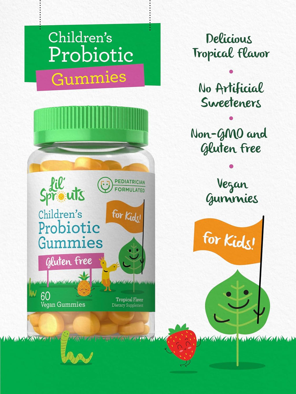 Carlyle Probiótico Infantil | 60 Gominolas | Sabor Tropical | Vegano, Sin OMG y Sin Gluten | Suplemento by Lil' Sprouts