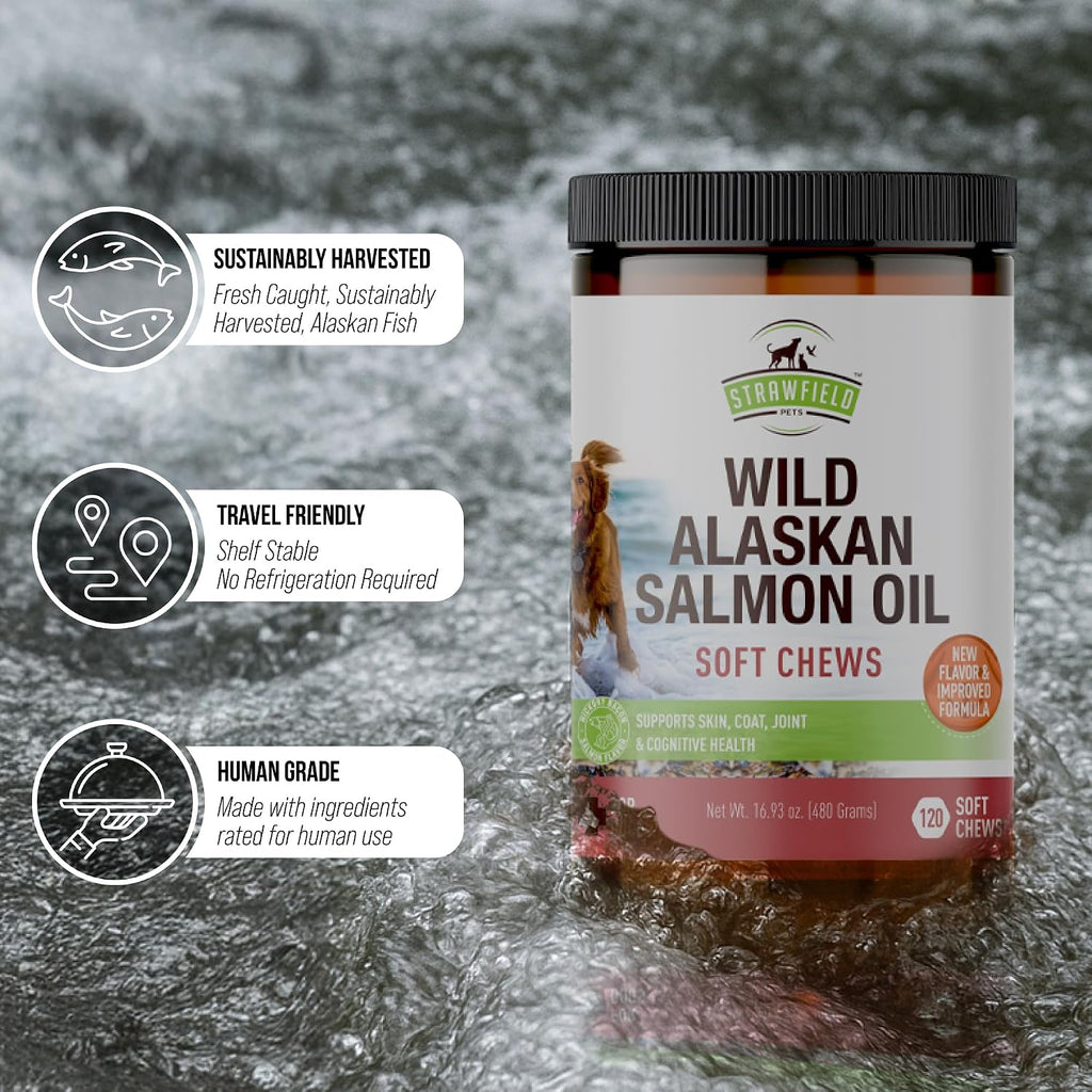 Strawfield Pets Masticables de Salmón para Perros con Omega 3 - Aceite de Salmón Salvaje de Alaska para Piel, Pelaje y Articulaciones