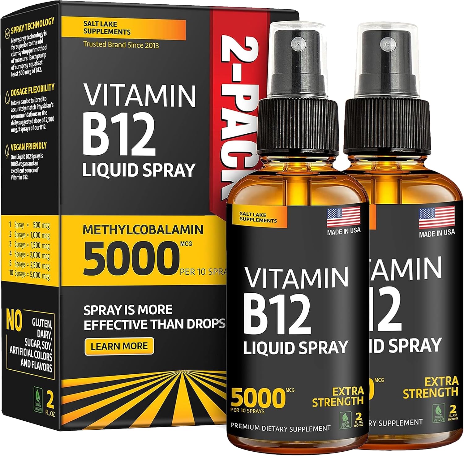 Salt Lake Supplements (2 Pack) - Spray de Vitamina B12 5000 mcg - Sublingual - Metilcobalamina - Vegano - Sin Gluten - No GMO