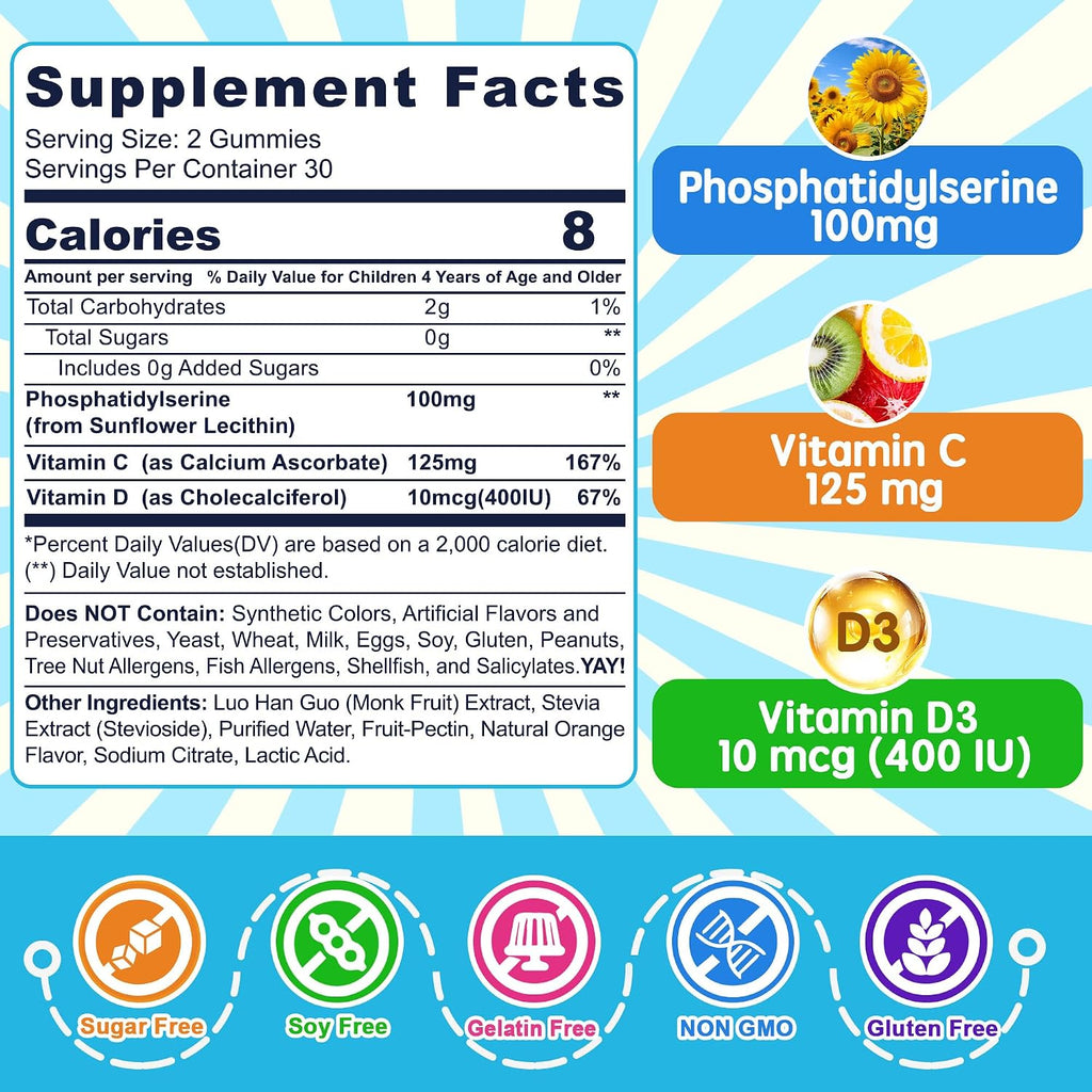 Nextdia Phosphatidylserina 100mg Gomitas para Niños y Adolescentes - Con Vitamina C y D3 - Sin Azúcar, Vegano, Sin Gluten - 2 Paquetes