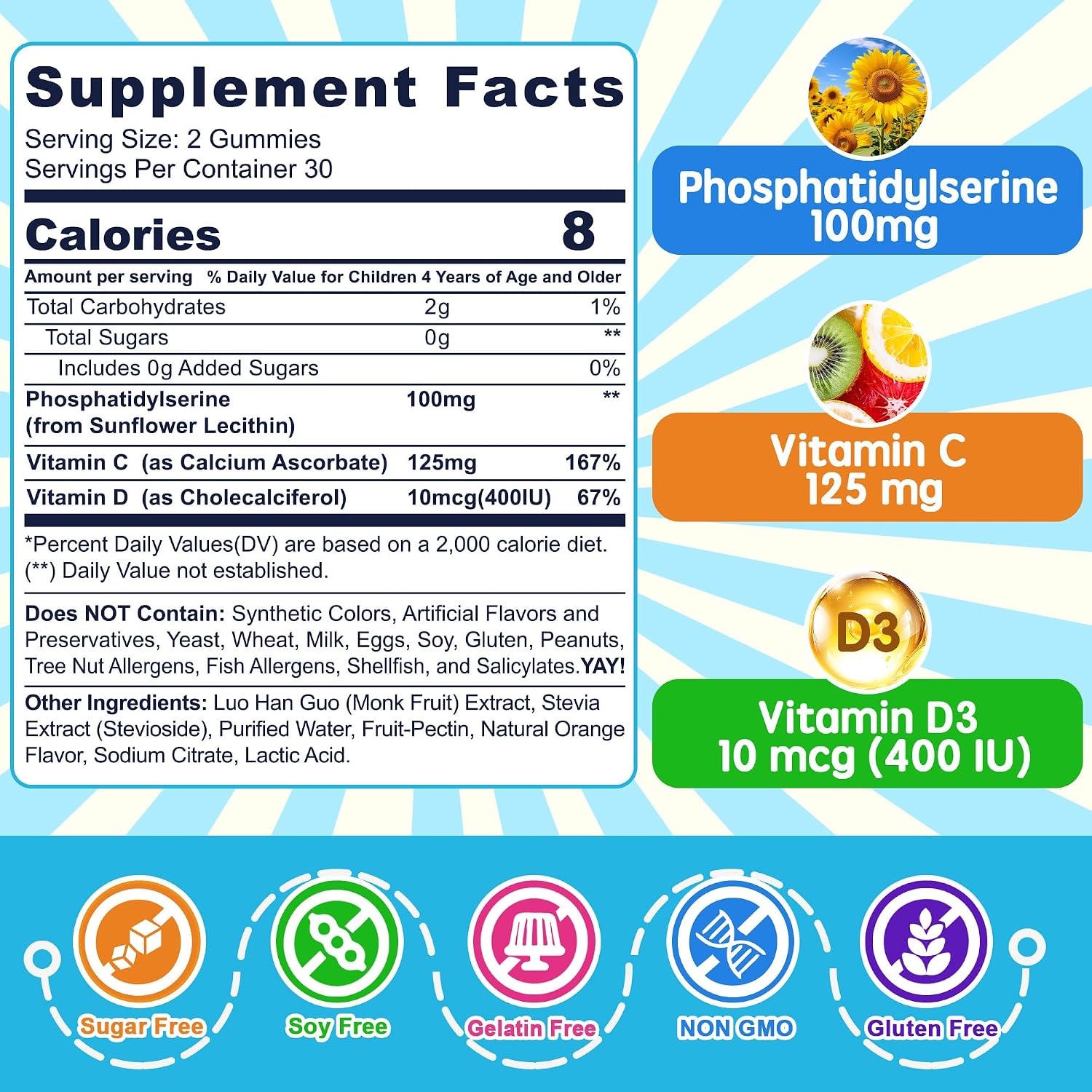 Nextdia Fosfatidilserina 100mg Gominolas de Concentración para Niños y Adolescentes con Vitamina C y D3 - 60 Gominolas