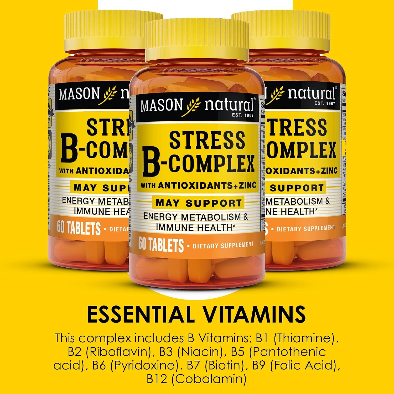 MASON NATURAL Stress B Complex con Antioxidantes y Zinc, Suministro para 6 Meses, Fórmula de Acción Dual, Apoya el Metabolismo Energético y la Salud Inmunológica, 3 Paquetes