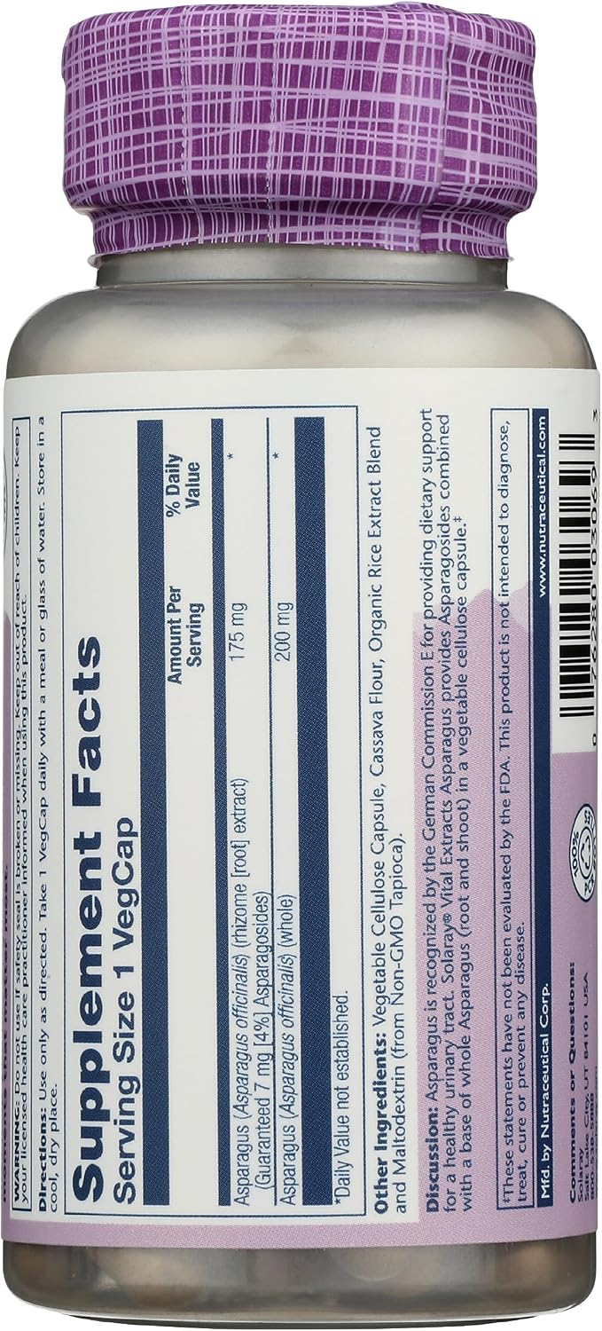 SOLARAY Asparagus 175 mg - Extracto de Raíz de Espárrago - 60 Cápsulas Veganas