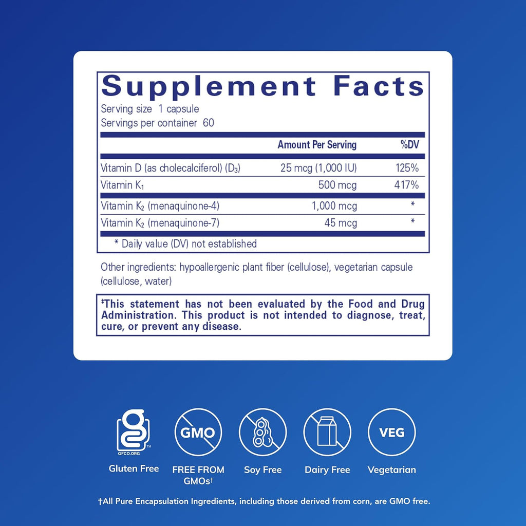 Pure Encapsulations Synergy K - Vitamina D3, K1 y K2 - 60 Cápsulas