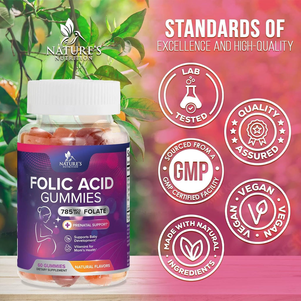 Gominolas de Ácido Fólico para Mujeres - Folato 785 mcg - Vitaminas Prenatales - 60 Gominolas