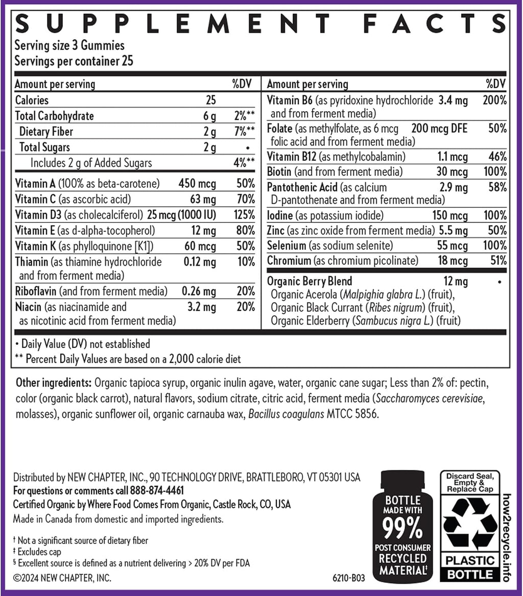New Chapter Multivitamínico para Hombres en Gominolas, 57% Menos Azúcar, con Vitaminas C, D3 y Zinc, No-GMO, Sin Gluten, Sabor Baya-Cítrico, 75 Unidades