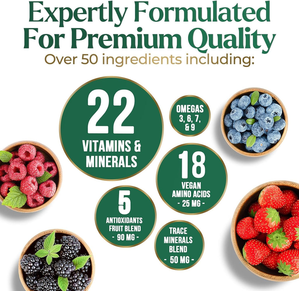 Multivitamínico Líquido Sin Azúcar - Para Mujeres, Hombres y Niños - Vitaminas A, C, D, B12, Biotina y Zinc - Apoya el Crecimiento del Cabello y la Piel - Vegano, No-GMO, Sabor a Bayas, 444 ml
