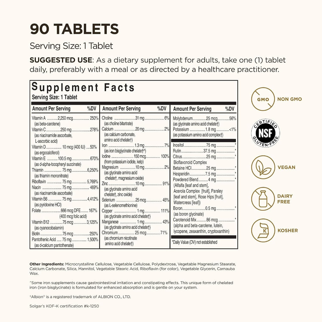 Solgar Formula VM-75, 90 Comprimidos - Multivitamínico con Minerales Quelados - Vitaminas A, B6, B12, C, D, E - Biotina, Magnesio, Calcio, Hierro, Zinc - Vegano, Sin Gluten, Sin Lácteos, Kosher