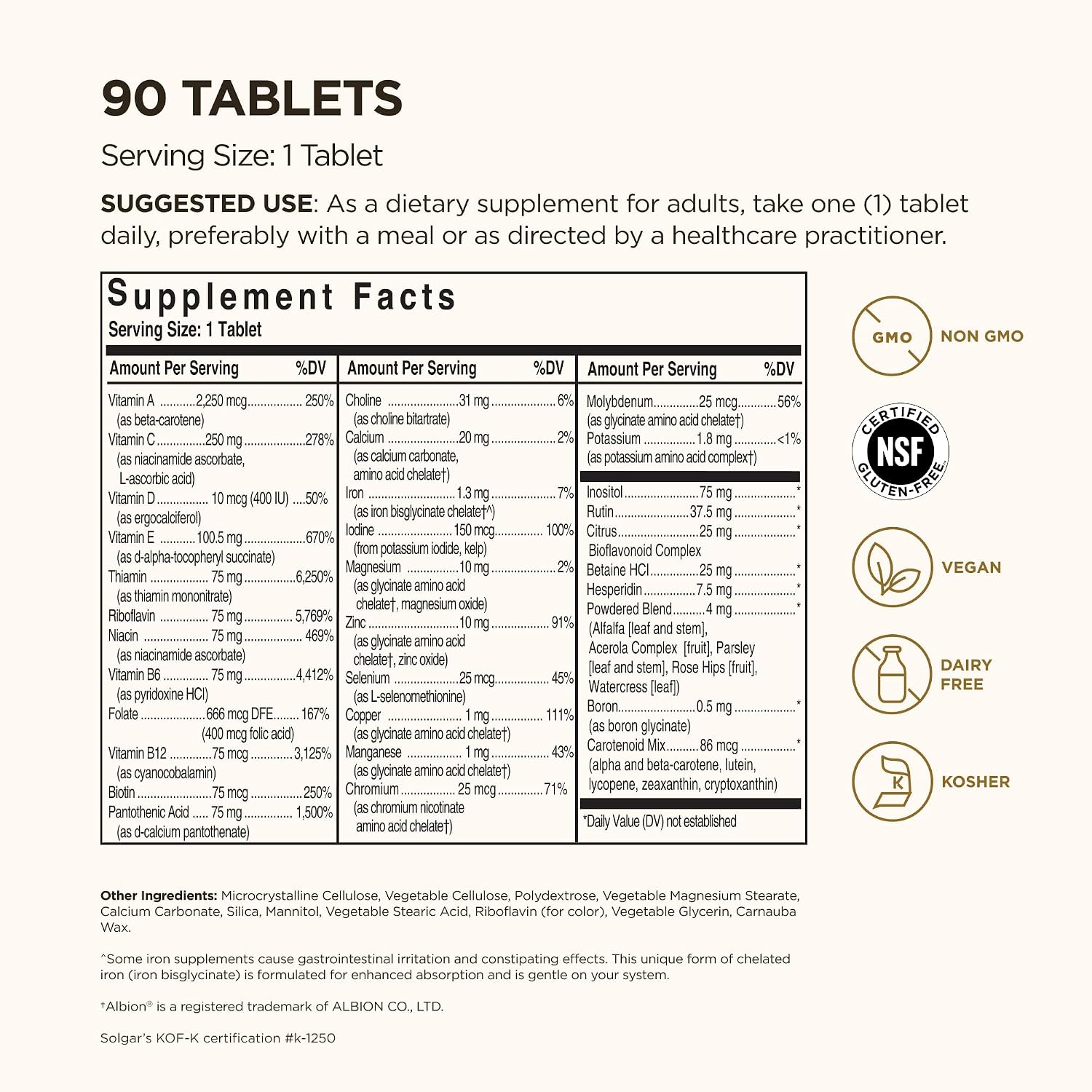 Solgar Formula VM-75, 90 Comprimidos - Multivitamínico con Minerales Quelados - Vitaminas A, B6, B12, C, D, E - Biotina, Magnesio, Calcio, Hierro, Zinc - Vegano, Sin Gluten, Sin Lácteos, Kosher