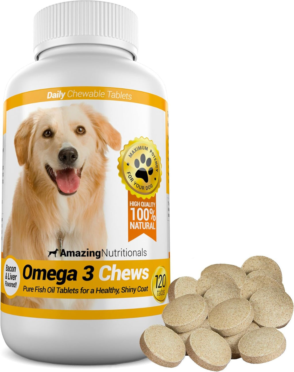Amazing Omega 3 para Perros - Suplemento de Aceite de Pescado 120 Masticables sabor Bacon