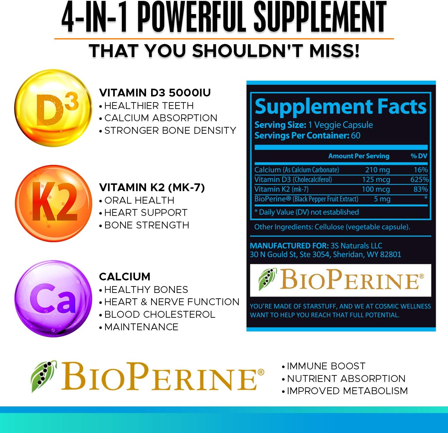 COSMIC WELLNESS Vitamina D3+K2 5000 UI con Bioperina