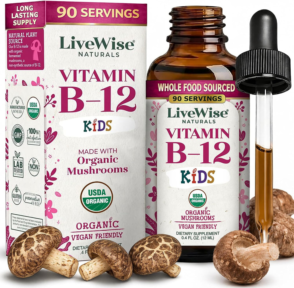 Live Wise Naturals Gotas de Vitamina B12 para Niños - 5mcg por 2 gotas - Vegano, Sin Gluten, No GMO