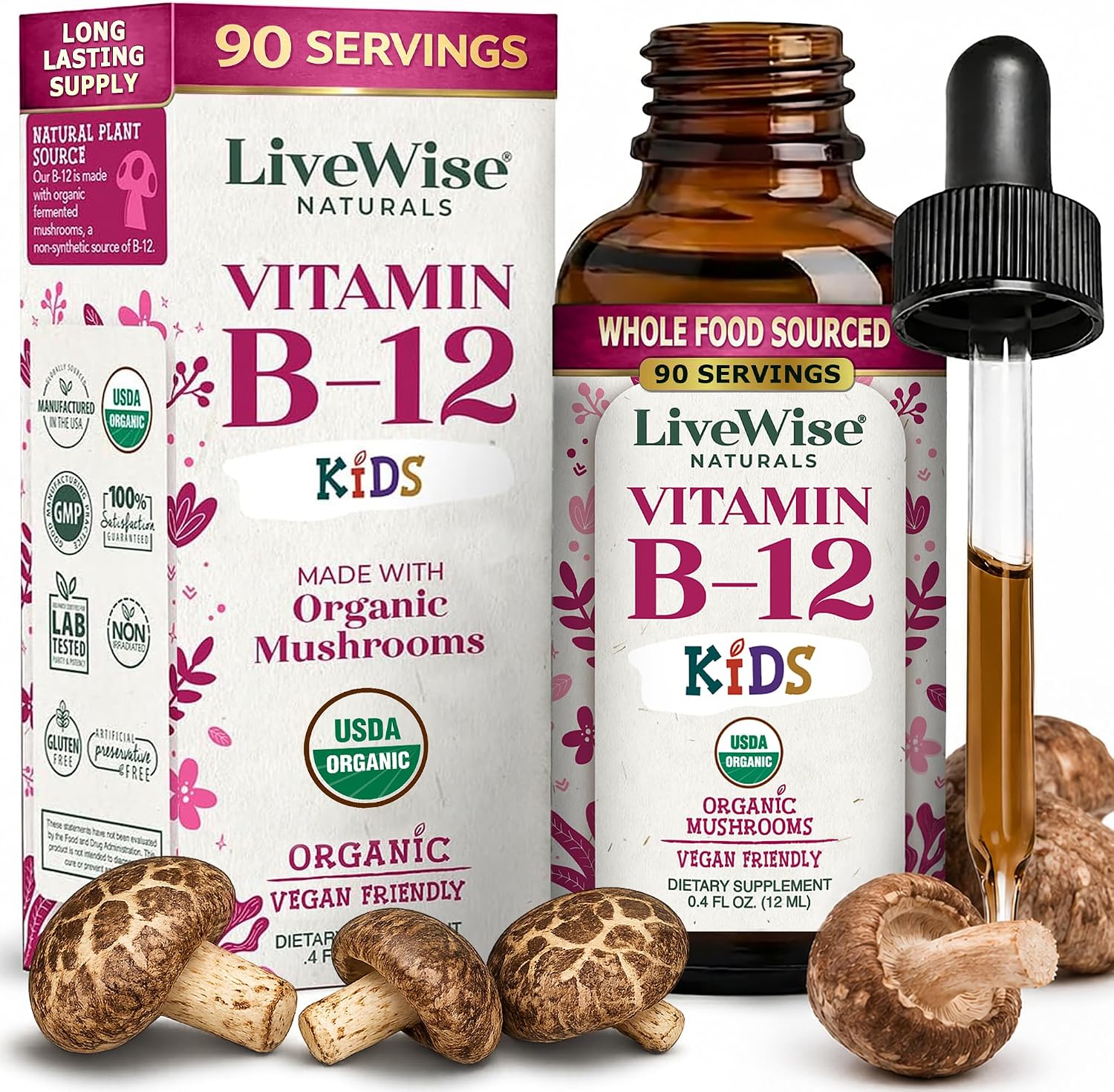 Live Wise Naturals Gotas de Vitamina B12 para Niños - 5mcg por 2 gotas - Vegano, Sin Gluten, No GMO