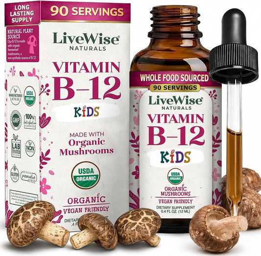 Live Wise Naturals Gotas de Vitamina B12 para Niños - 5mcg por 2 gotas - Vegano, Sin Gluten, No GMO