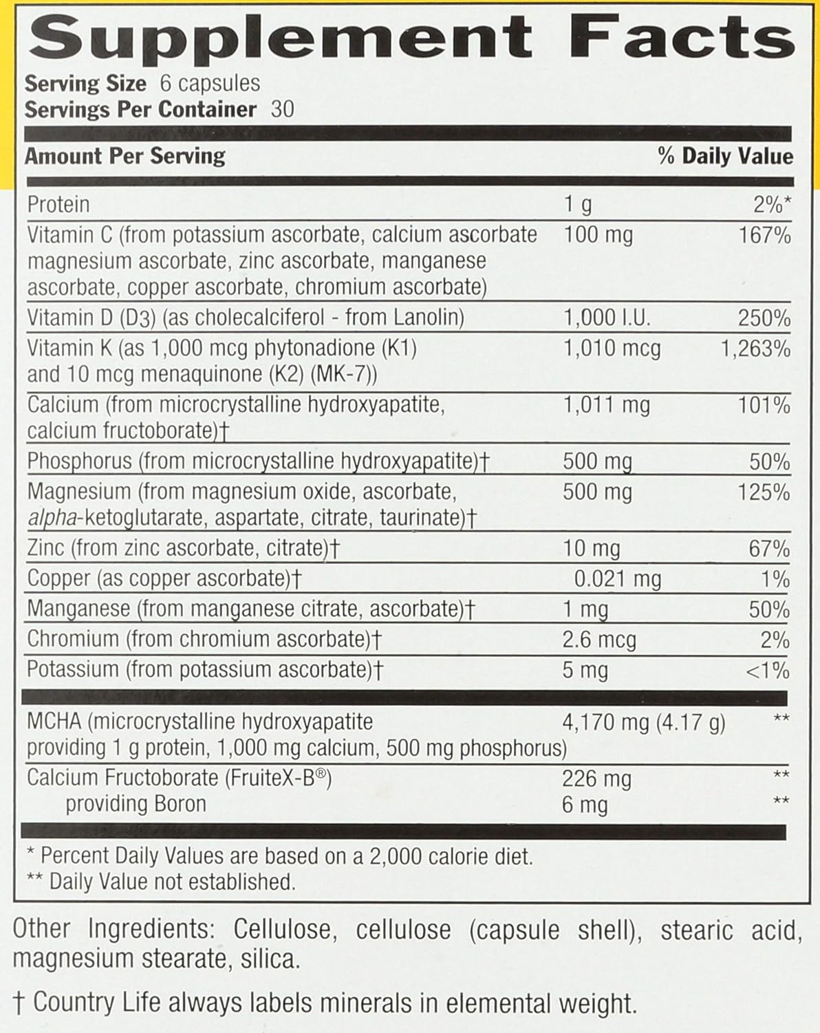 Country Life Bone Solid - Suplemento para la salud ósea con MCHA, calcio, magnesio, zinc, vitaminas K2 y D3 - 180 cápsulas