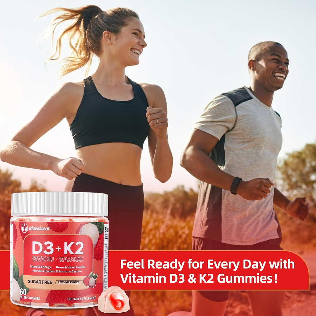 IRIDESICENT Vitamina D3 K2 Gummies Sin Azúcar - 60 Gominolas | 5.000 UI D3 + 100 mcg K2 (MK-7) | Vegano, Sabor Lichi