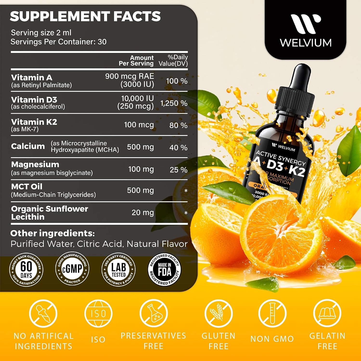 WELVIUM 7-en-1 Gotas Líquidas de Vitamina D3 K2 con Magnesio, 10.000 UI, MK-7, Vitamina A, Calcio, Aceite MCT y Lecitina de Girasol Orgánica