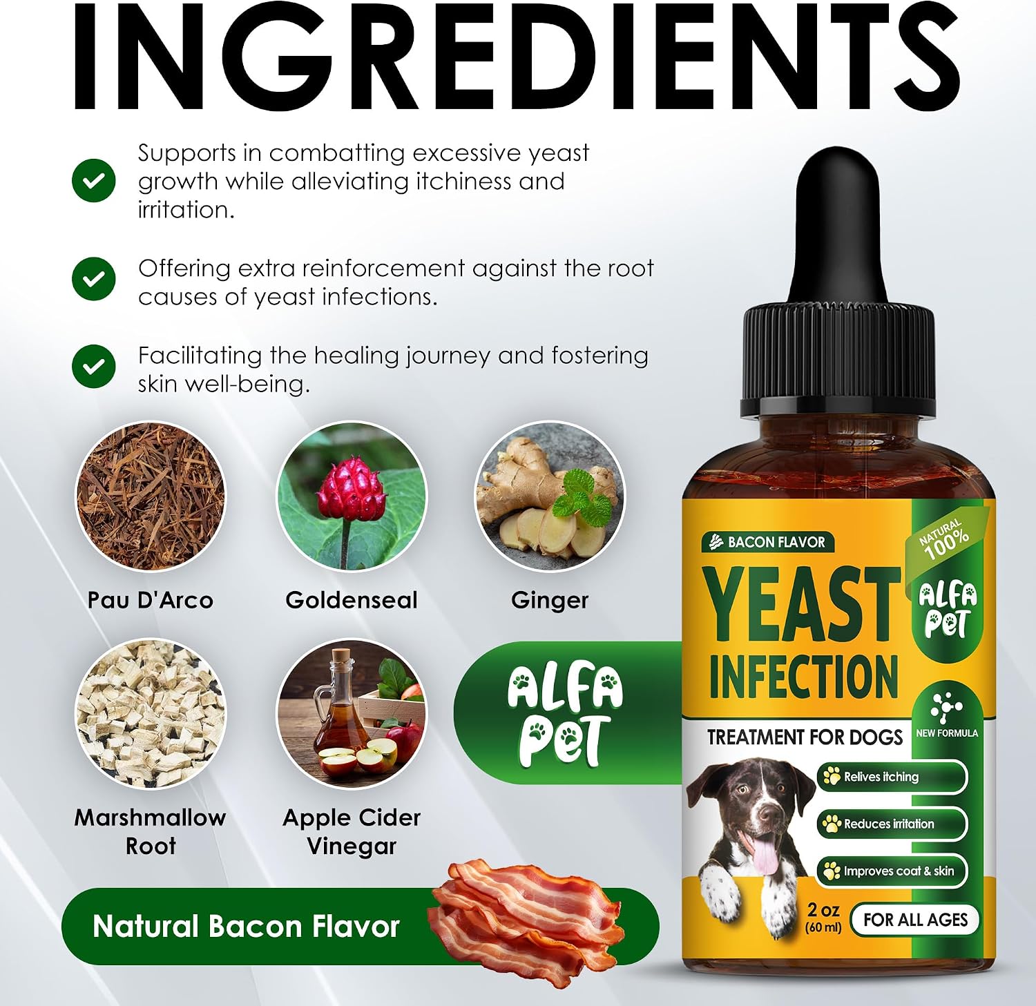 Yeast Infection Treatment for Dogs Helps with Itching & Allergies – Dog Yeast Infection Treatment Liquid Herbal Supplement – for All Breeds – Bacon Taste – 2 Oz