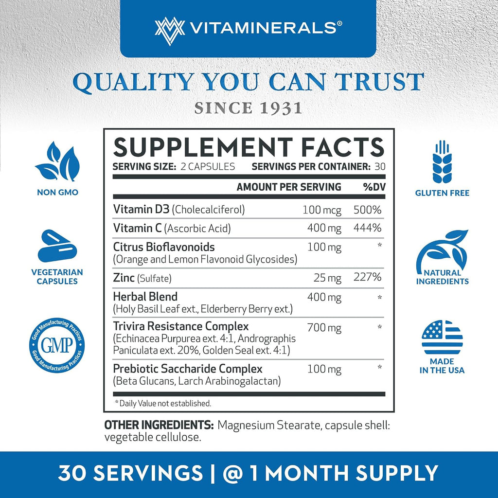 Vitaminerals TRIVIRA - Vitamina C, D3, Zinc, Hierbas y Prebióticos - 60 Cápsulas Vegetales