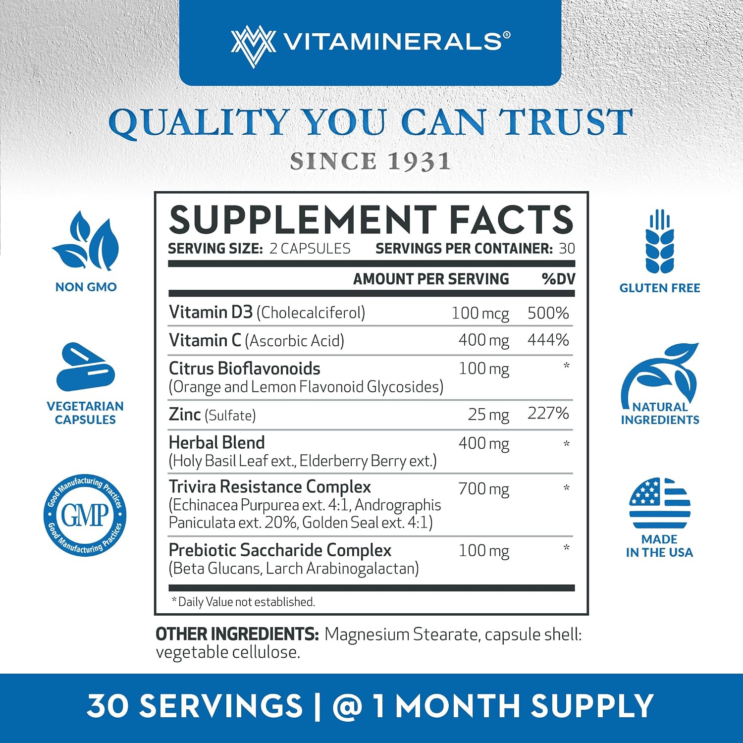 Vitaminerals TRIVIRA - Vitamina C, D3, Zinc, Hierbas y Prebióticos - 60 Cápsulas Vegetales