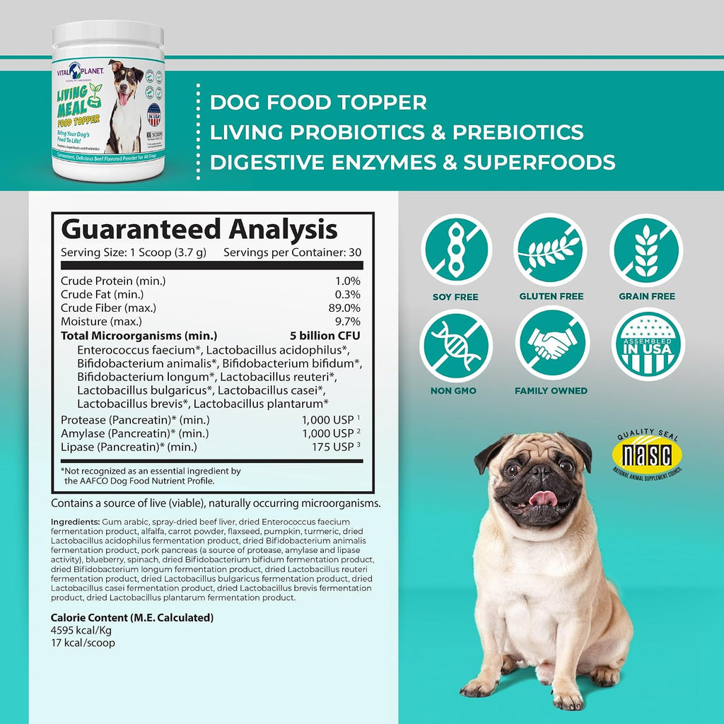 Vital Planet Living Meal Alimento para Perros en Polvo con Enzimas, Superalimentos y Probióticos - 111 g (30 dosis)