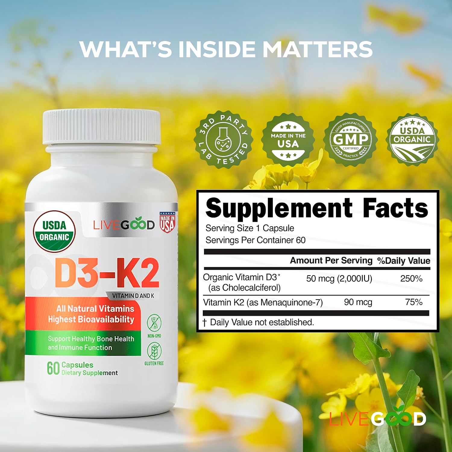 LIVEGOOD Vitamina D3 y K2 Orgánica 2000 UI con MK-7 - Cápsulas Veganas (60 uds)