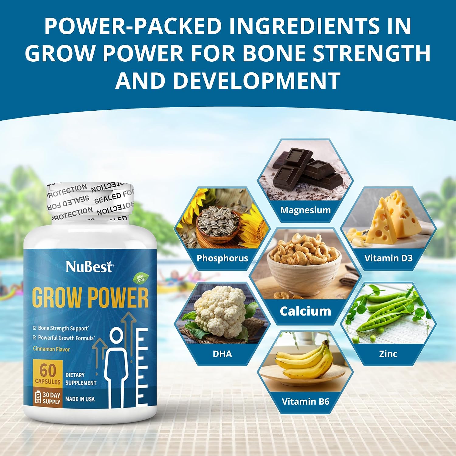 NuBest Grow Power - Calcio, Magnesio, Vitamina D3, B6, Zinc, Fósforo y Multivitamínico para Huesos Fuertes y Salud General, Mayores de 10 años - 1 Mes