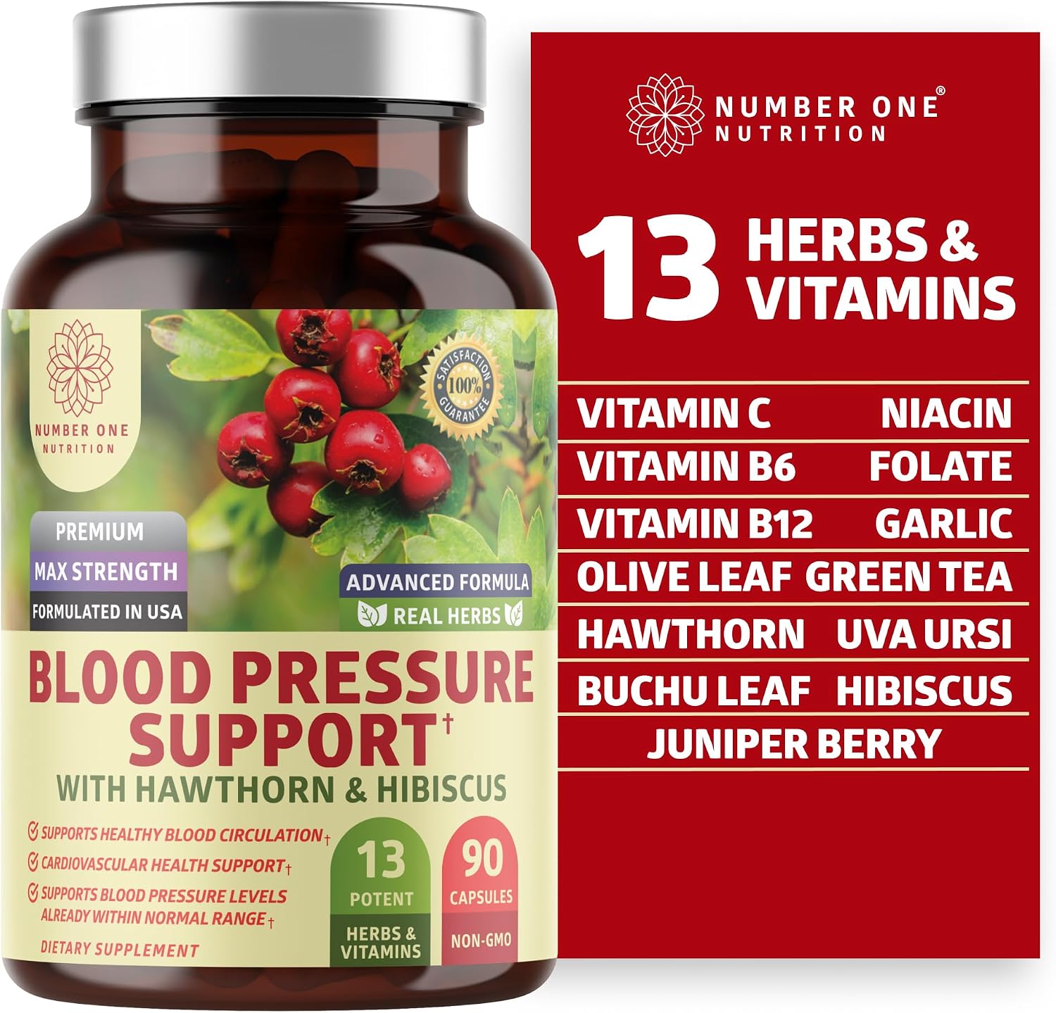 N1N Premium Blood Pressure Support con Espino Blanco e Hibisco, Suplemento Natural para la Circulación y Salud General, 90 Cápsulas
