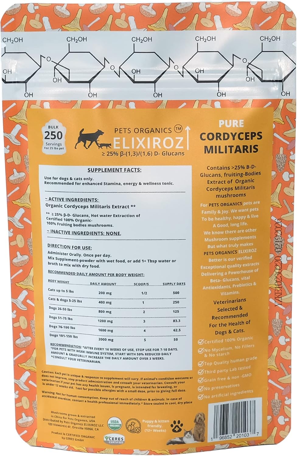 Extracto de Cordyceps para Perros y Gatos – 25%+ Beta Glucanos – Cuerpo Fructífero – 250 Dosis