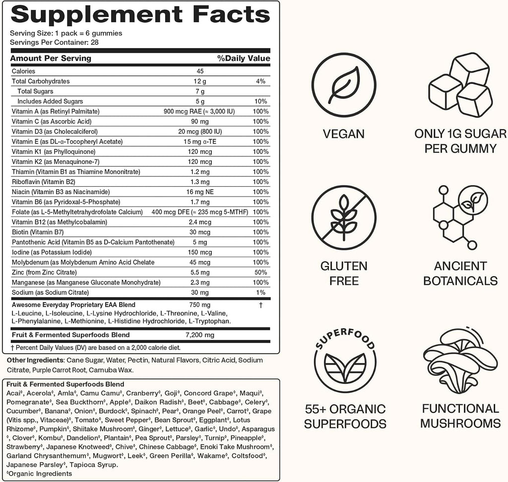 Awesome Everyday Essential Daily Nutrition Gummies – Gominolas Nutricionales Diarias con Aminoácidos Esenciales, Vitaminas, Minerales y Superalimentos Fermentados