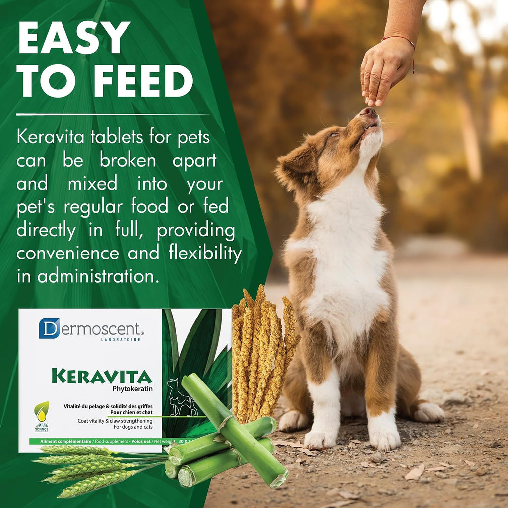 Dermoscent Keravita® Suplemento Alimenticio para la Piel y el Pelaje de Perros y Gatos - 30 Comprimidos Sabor a Pollo