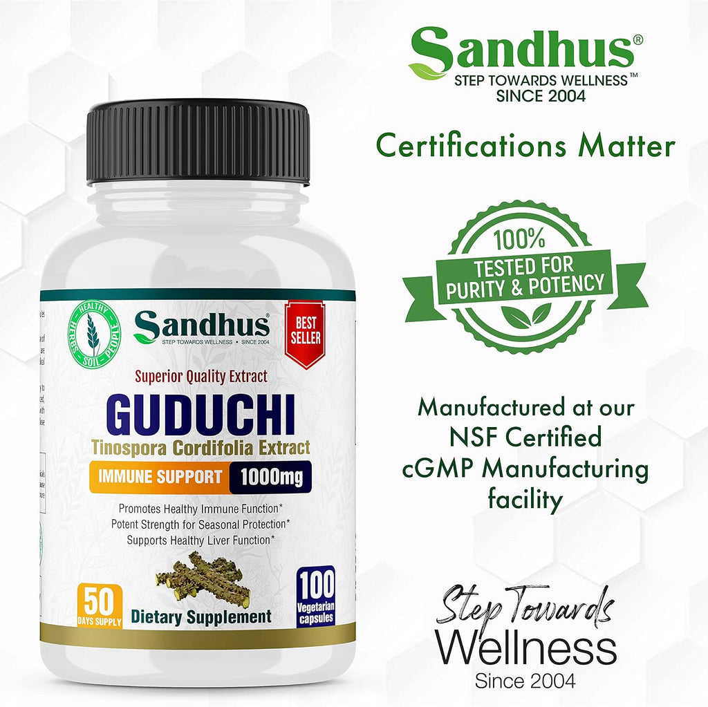 Sandhu's Guduchi (Tinospora Cordifolia) Giloy - 100 Cápsulas Vegetales - 1000 mg por Ración