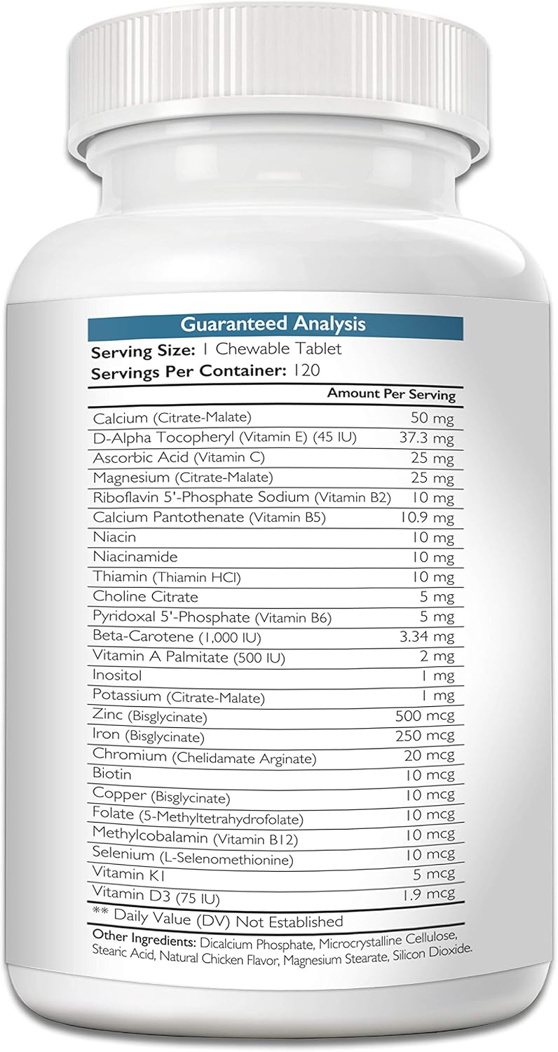 Multivitamínicos para perros, apoyo vitamínico y mineral diario, suplemento nutricional para todas las razas y tamaños, promueve la salud inmunológica, 120 comprimidos masticables