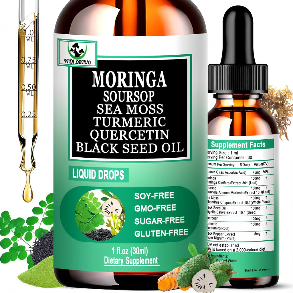 Moringa Drops – Extracto Líquido Puro de Moringa Oleifera con Soursop, Sea Moss, Aceite de Semilla Negra, Quercetina y Cúrcuma | Suplemento Superfood Multimineral y Vitaminas