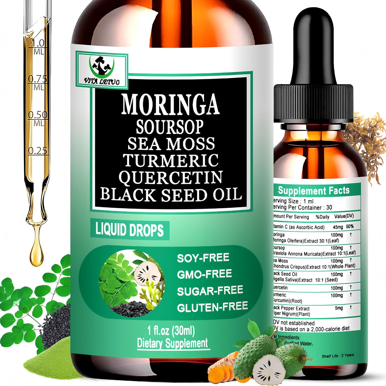 Moringa Drops – Extracto Líquido Puro de Moringa Oleifera con Soursop, Sea Moss, Aceite de Semilla Negra, Quercetina y Cúrcuma | Suplemento Superfood Multimineral y Vitaminas
