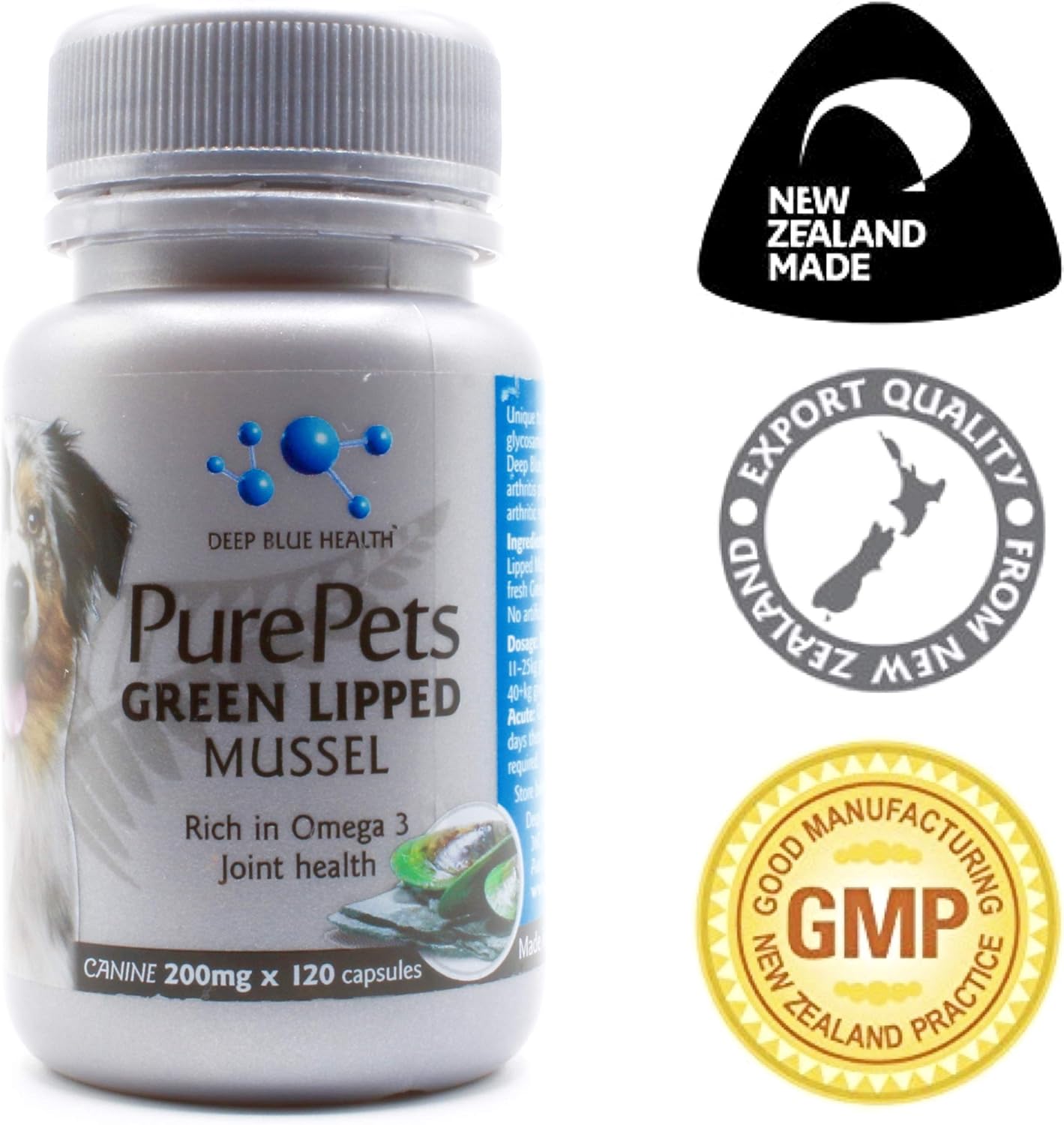 PurePets Cápsulas de Mejillón de Labios Verdes para Perros y Gatos – 200mg x 120 Cápsulas