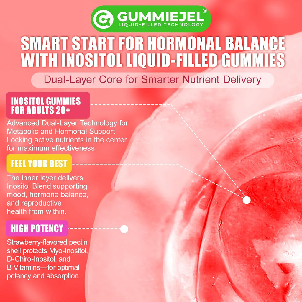 Inositol Gummies con Aceite de Onagra para Mujeres - 40:1 Myo-Inositol 2000mg & D-Chiro Inositol 50mg con Vit D3 B6 B12 y Zinc, Sin Azúcar, Vegano (60 unidades)