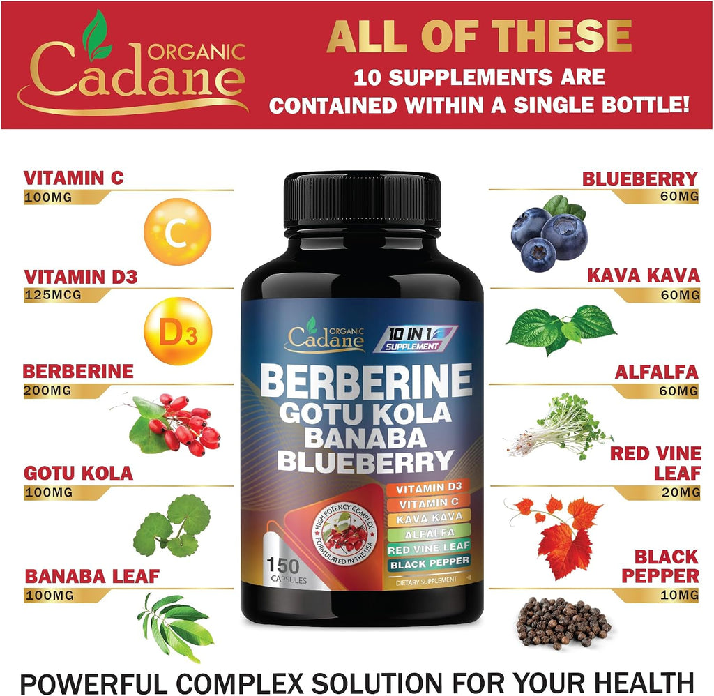 Cadane Berberina Premium 10 en 1 con Gotu Kola y Hoja de Banaba - 150 Cápsulas